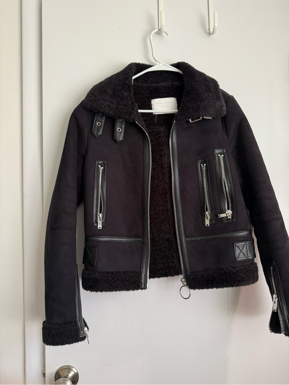 Zara Black Faux Shearling-Trim Moto Jacket